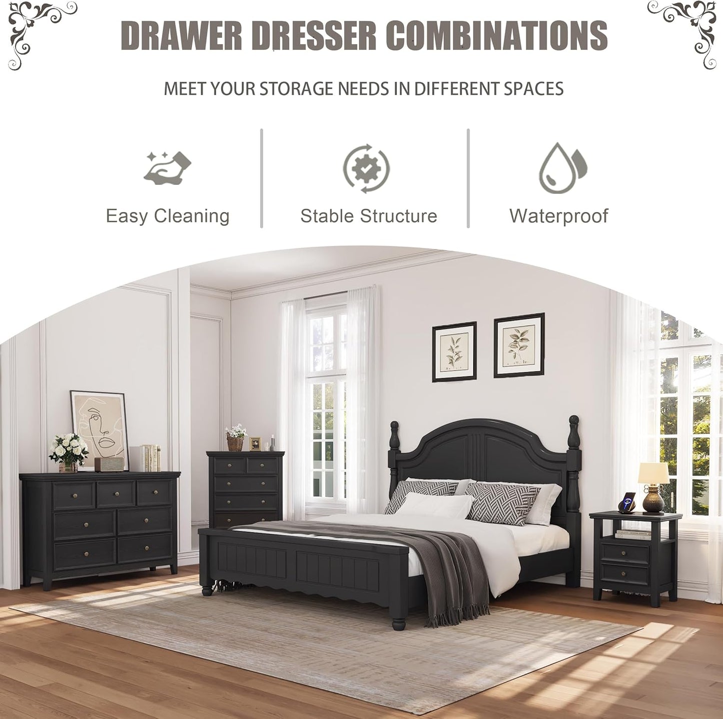 BLANKSPACE Black Dresser, 6 Chest Drawer Dresser for Bedroom, Large Capacity Nightstand, Modern Wood Cabinet for Bedroom, Living Room, Closets