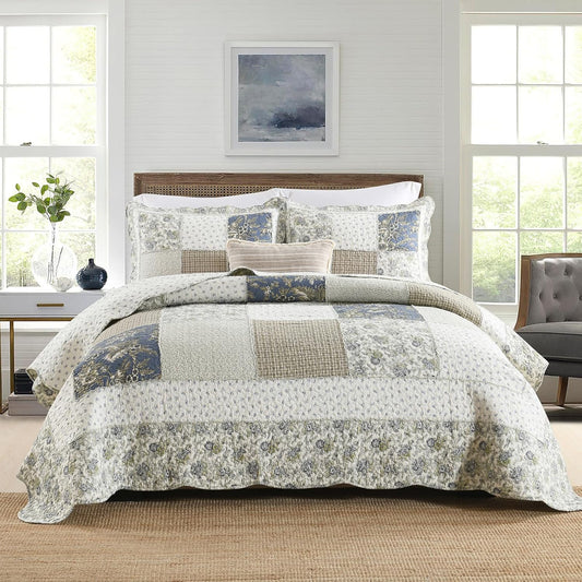 Yvooxny Quilt Set King Size Reversible Country Farmhouse Floral Real Patchwork Quilted Bedspread 3-Piece Quilt Set with Pillowcases with Ruffles for All Seasons, 96 x 108 Inches
