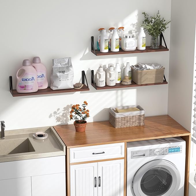 Heimlove Floating Shelves for Wall, 24 Inch Long Wood Floating Shelves Set of 3, Wall Mounted Hanging Shelf for Bathroom Bedroom Kitchen, Walnut