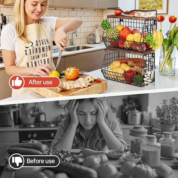 2 Pack Fruit Bowl Hanging Fruit Basket for Kitchen Counter ,Stackable Wire Baskets for Onion Storage and Potato Storage with Wood Lid,Vegetable Fruit Basket with Banana Hooks