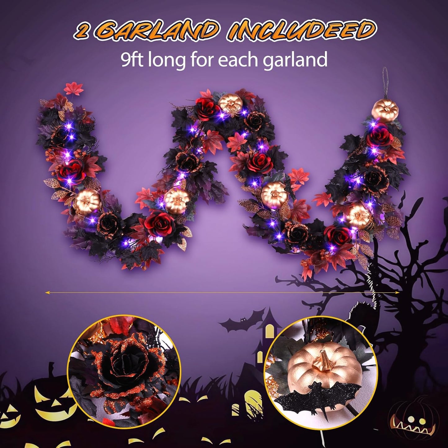 SHareconn 2 Pcs 9FT Halloween Garland with Purple Lights Battery Operated and Timer, Pre-Lit Black Red Maple Leaves Lighted Garland Decorations for Fireplace Mantle Centerpiece Indoor Outdoor Decor