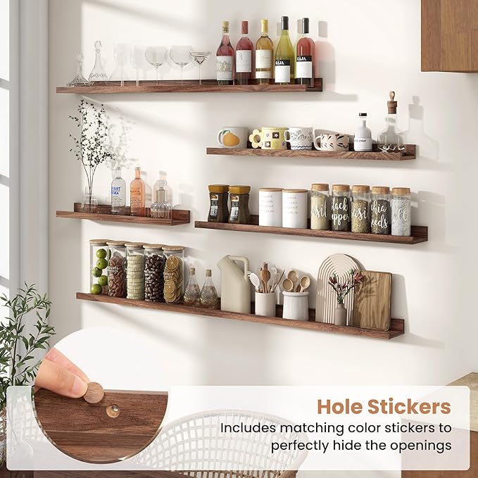 Fun Memories Picture Ledge Shelves Set of 2, 55 Inch Rustic Wall Mounted Floating Shelves with Lip for Home Storage and Décor in Bathroom, Kitchen, Nursery, Bedroom, Living Room, Walnut