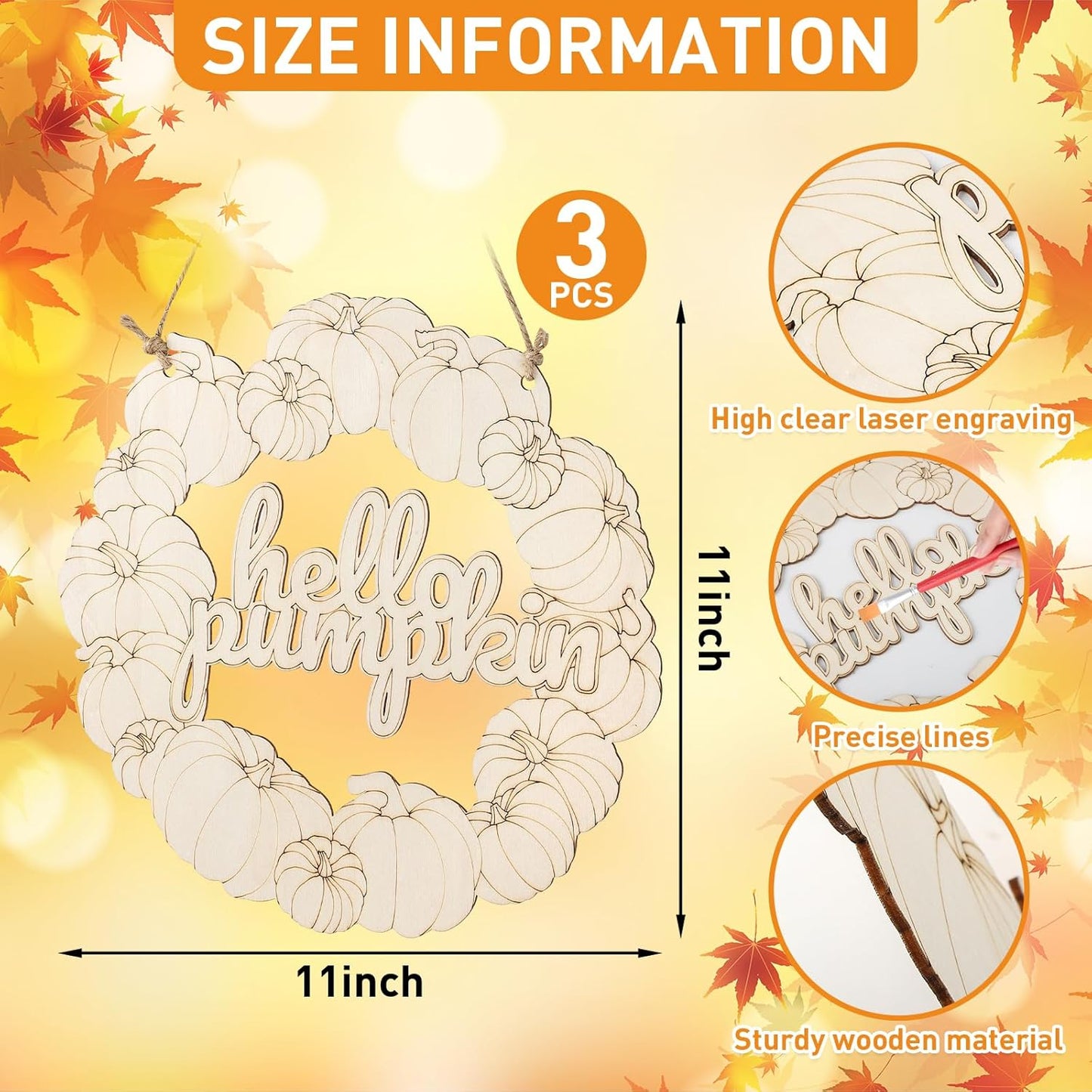 Unfinished Fall Wreaths Wood Crafts to Paint Set of 3, 11" Bulk Fall Pumpkin Wreath Ornaments for Painting, Unfinished Wood Cutouts DIY Ornaments for Front Door with Ropes (Pumpkin)