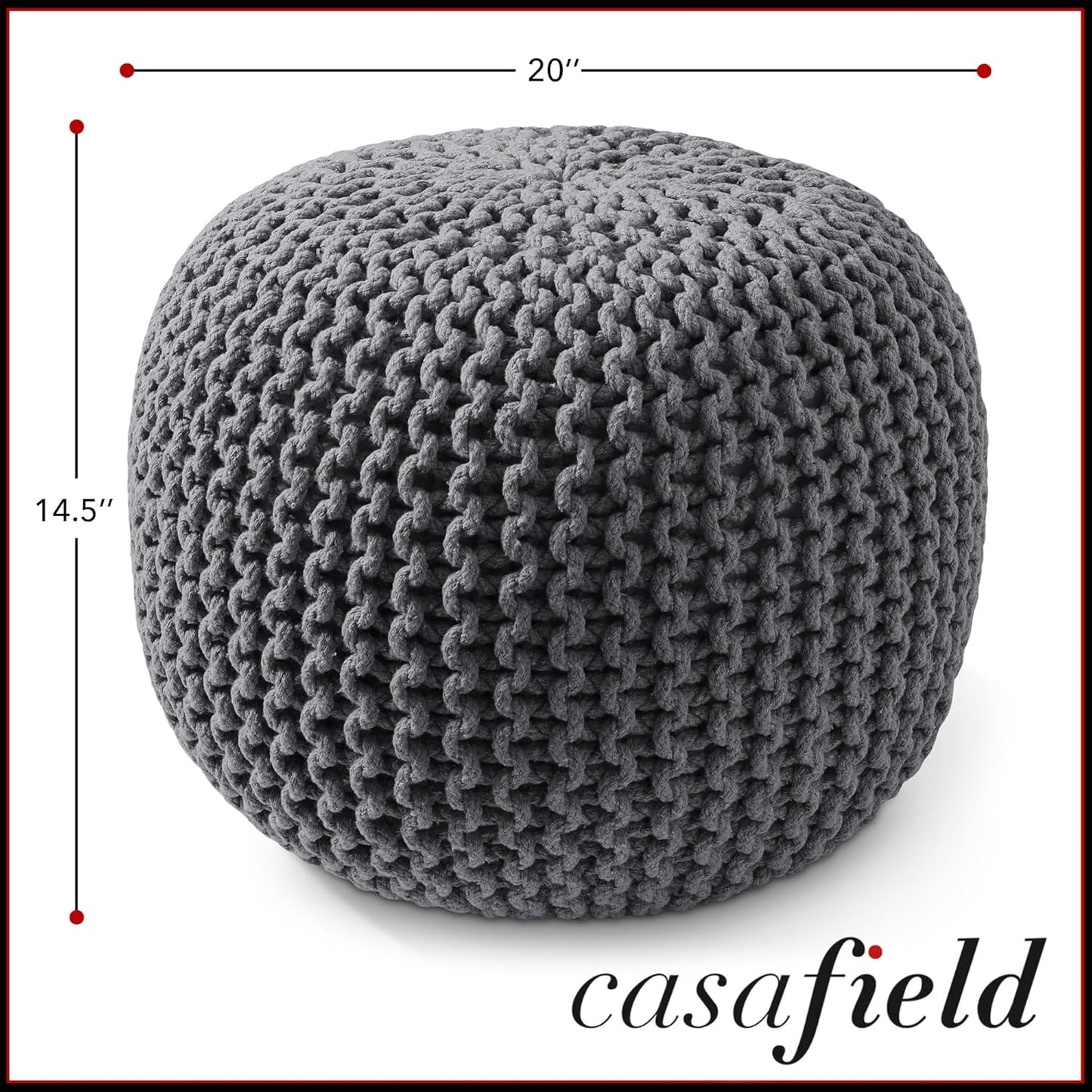 Casafield Round Pouf Ottoman, Dark Gray - 20" Diameter x 14.5" High Cotton Knit Foot Stool - Boho Floor Pouffe for Living Room, Bedroom, Home Office