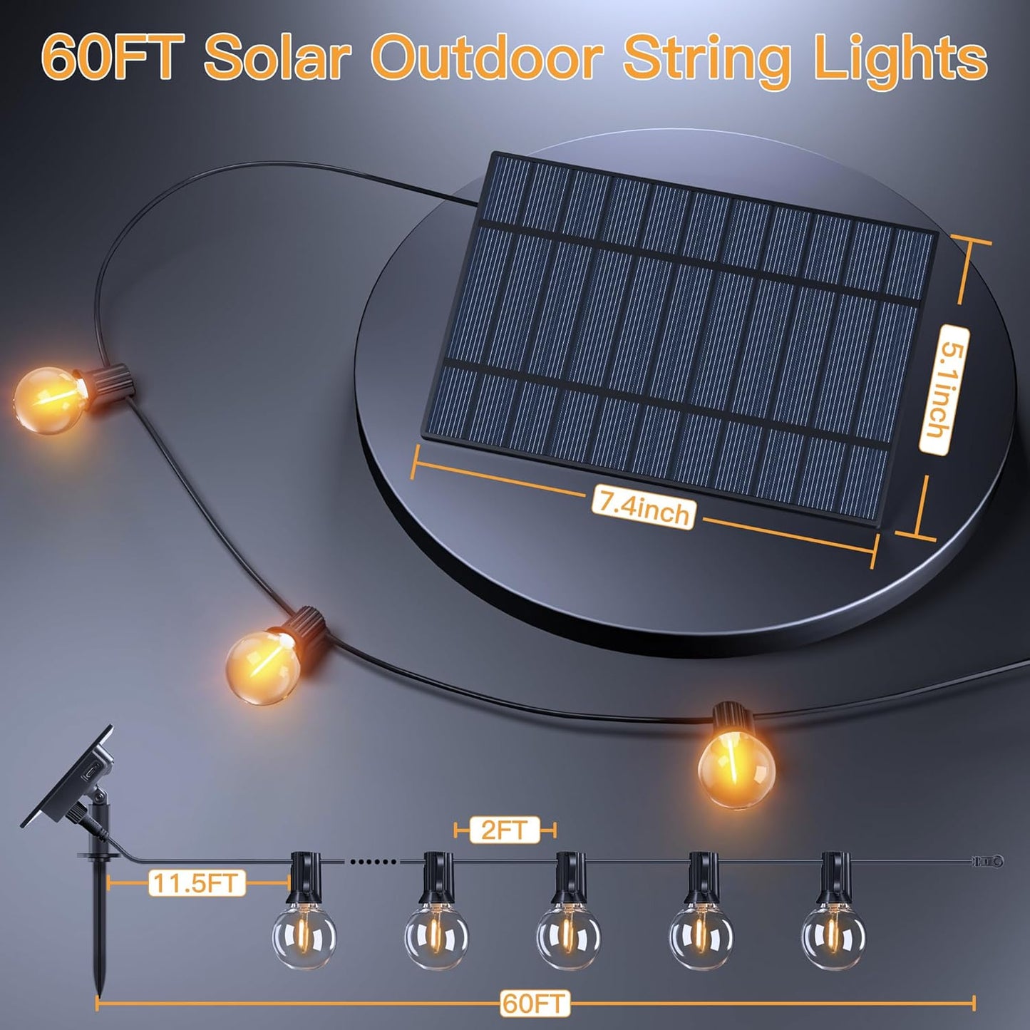 Ollny 60FT Solar Lights Outdoor, Waterproof Remote Control Dimmable Timers 3Modes String Light with 25 LED + 2 Spare Shatterproof Bulb, G40 Patio Lights for Outside Garden Yard Fence Porch