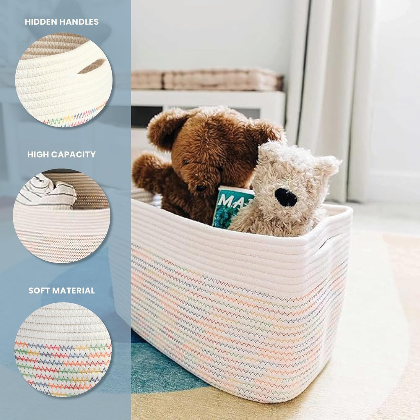 OrganiHaus Woven Storage Baskets for Organizing, Cotton Rope Organizer Bins for Shelves, Closet & Nursery, Dog Toy Basket, Decorative Bins for Toys, Towels & Books - 15x10x9, Rainbow Stitches