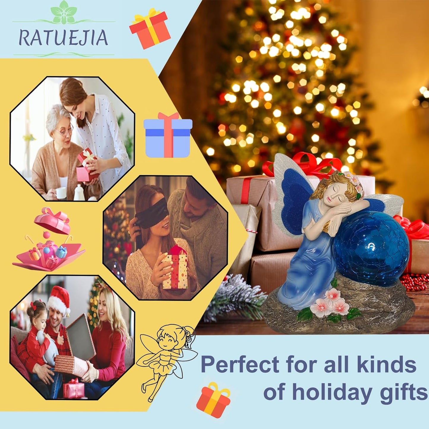 Fairy Garden Statue ，Solar Garden Decor ，Fairy Statue Outdoor with Glass Ball ，Waterproof Outdoor Decor，Suitable for Yard, Lawn ，Ideal for Holiday Giving（Blue）