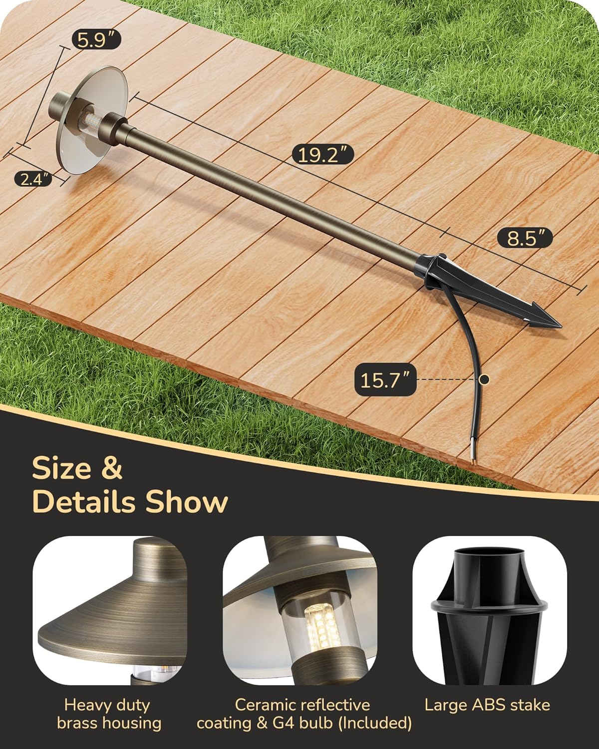 EDISHINE Solid Brass Low Voltage Landscape Lighting, 22" Tall 6" Shade w/ G4 Bulb, 6Pack 12V 350LM Heavy Duty Outdoor Landscape Path Light, Waterproof Bronze LED Pathway Lights Wired with Large Stake