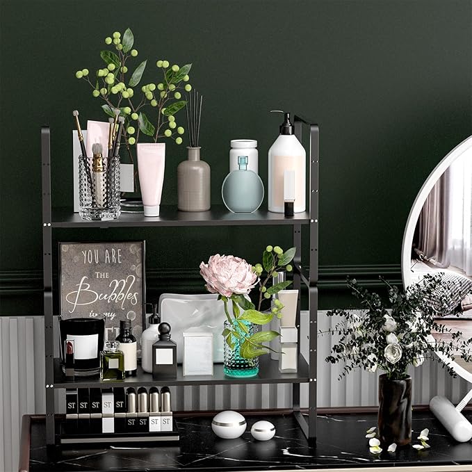 iPEGTOP Expandable Cabinet Storage Shelf Organizer, Heavy Duty Steel Metal Spice Rack Adjustable Height Home Office Garage Pantry Shelf Space Riser for Counter Kitchen Organization, Black, 1 Pack