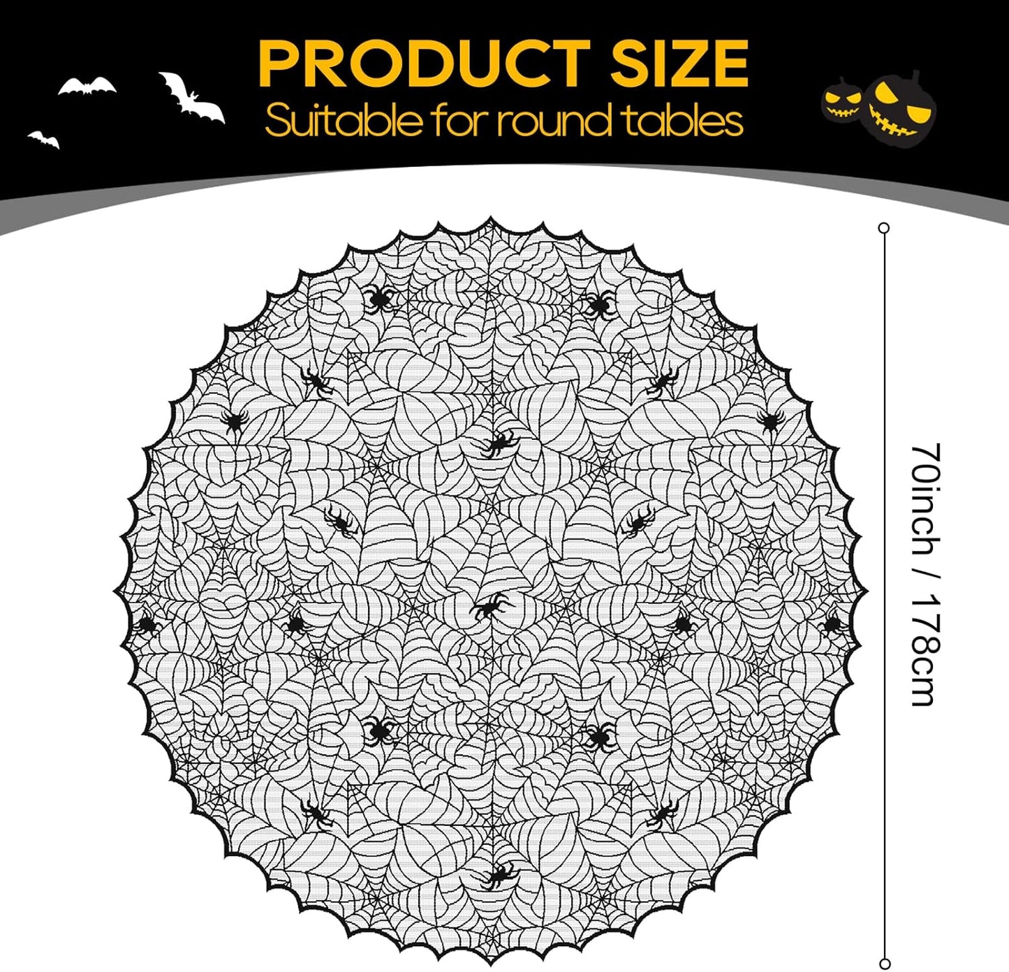 eZAKKA Round Halloween Tablecloth, 70 Inch Spider Webs Tablecloths Black Tablecloth Lace Fabric Table Cloths Spooky Table Cover for Parties Gothic Halloween Home Decorations