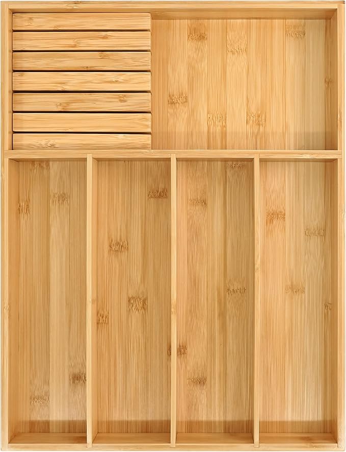 VaeFae Bamboo Silverware Organizer (Non-expandable), Utensil Holder for Drawer, Wooden Cutlery Tray with Divider for Kitchen Drawer, Utensil Organizer with Knife Block