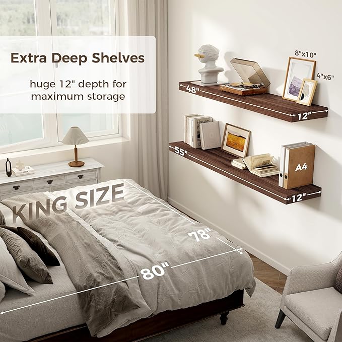 Floating Shelves 48 Inch Long, 12 Inch Deep Floating Shelves for Wall, 48 x 12 Large Wall Shelves for Home Storage & Display, 2" Thicked Floating Shelf for Bedroom, Living Room, Walnut Color, 1 Pack