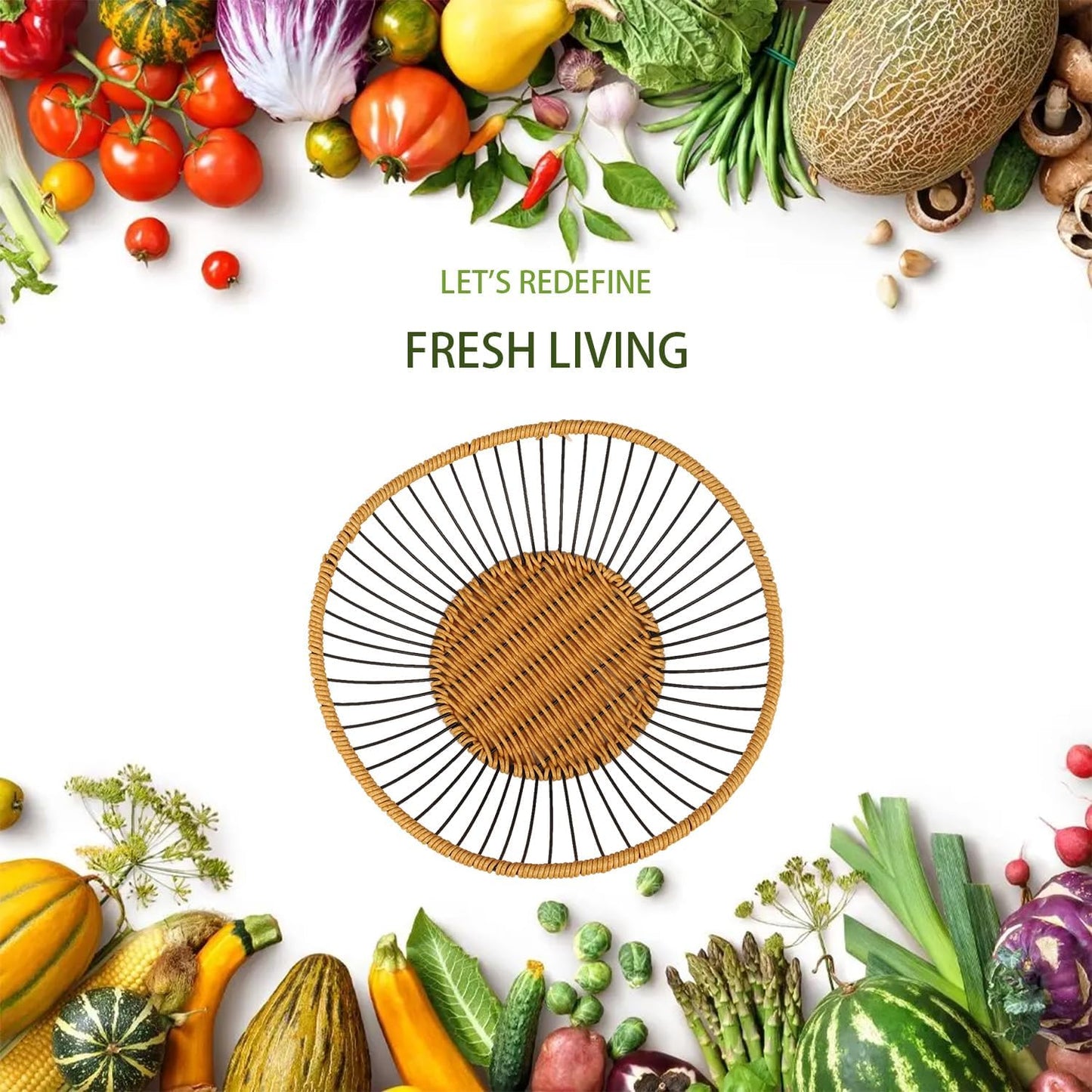 Vine Woven Iron Fruit Bowl, Metal Wire Fruit Basket, Vegetable Drain Basket, Storage Baskets for kitchen counter, countertop,Snacks, Candy, Bread,Cosmetics,Table decorative(12 x 3.7 Inches)