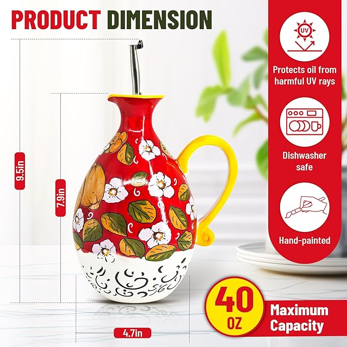 Hand-Painted Ceramic Olive Oil Dispenser Bottle – 40oz Decorative Stoneware Cruet with Stainless Steel Pour Spout – Elegant Kitchen Oil & Vinegar Container, Ideal for Coffee Syrups & More