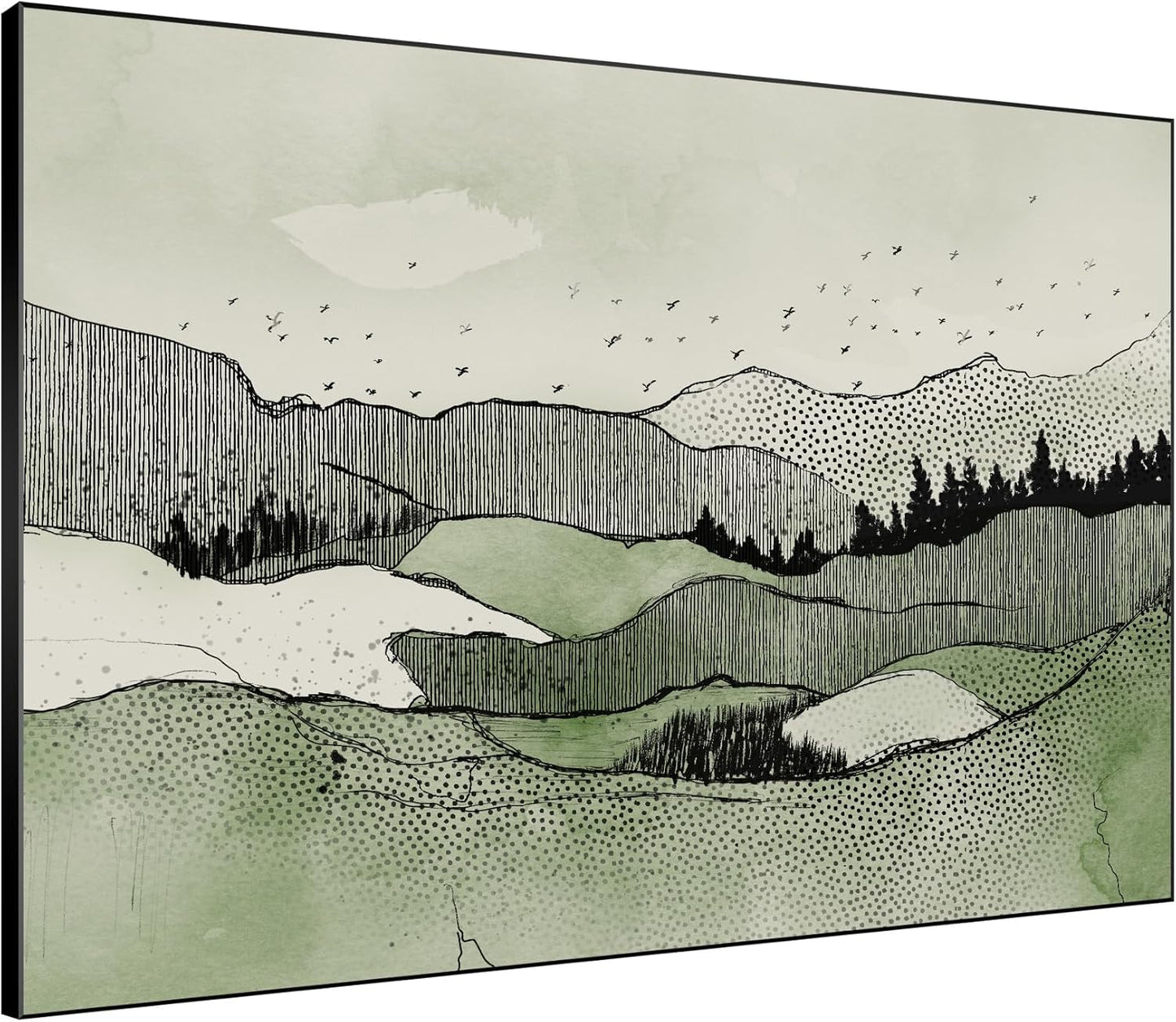 SIGNWIN 46"x60" Extra Large Framed Wall Art Green Line Art Mountain Landscape Illustration for Home Living Room Bedroom Decor (Frame Assembly Required)