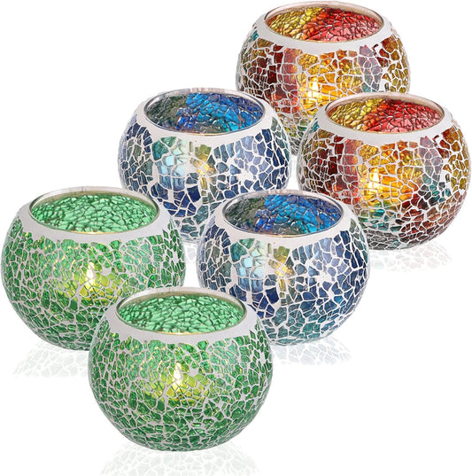 OwnMy 6PCS Mosaic Glass Tealight Holders: Round Votive Candle Holders & Stands for Table Centerpieces, Multicolor Glass Mosaic Tealight Holders, Small Potted Plant Bowl Candle Vases