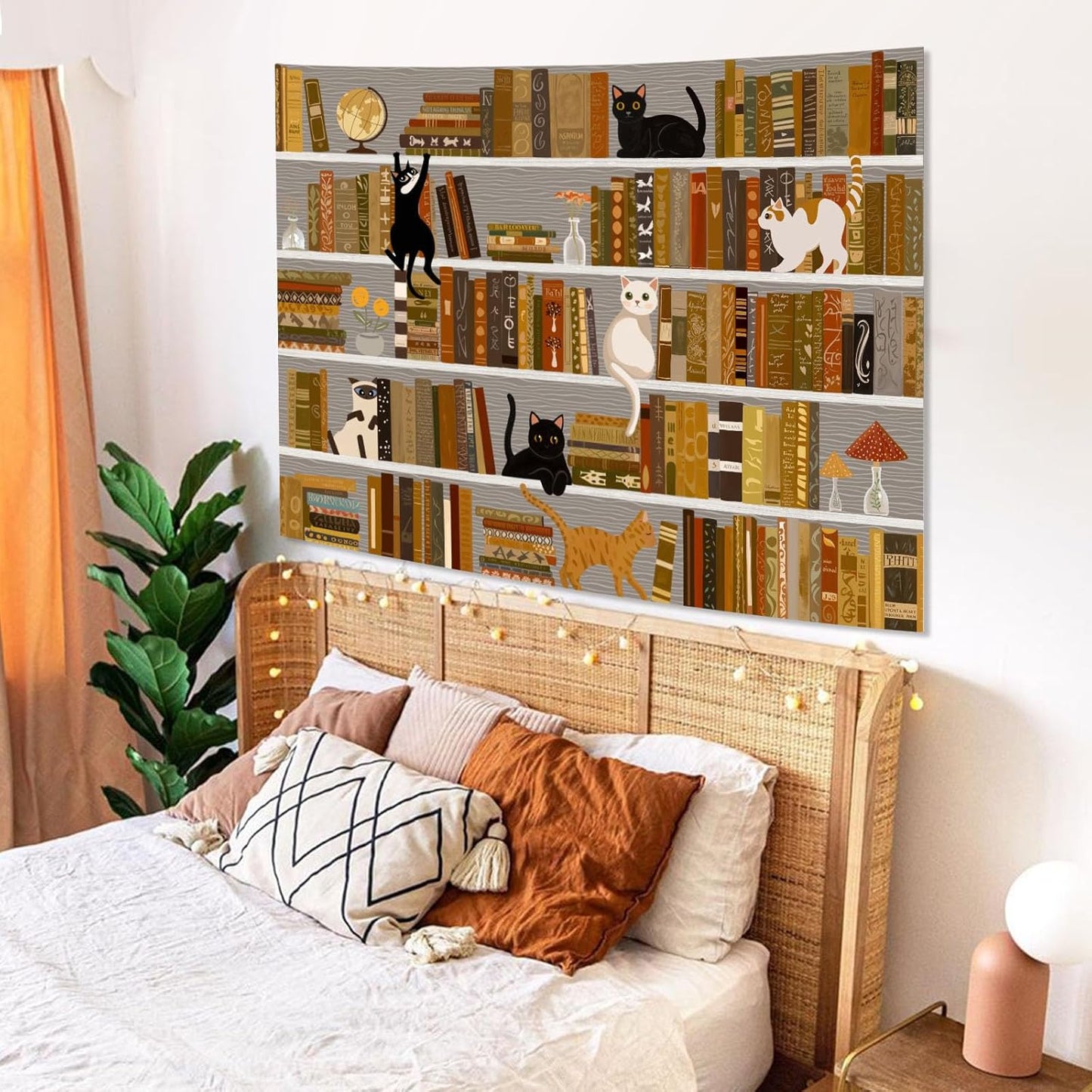 Accnicc Cat Bookshelf Tapestry Black White Cute Cats Book Shelf Tapestries Wall Hanging Art Vintage Retro Academics Library Tapestry for Bedroom Living Room Dorm 60 x 44 inch