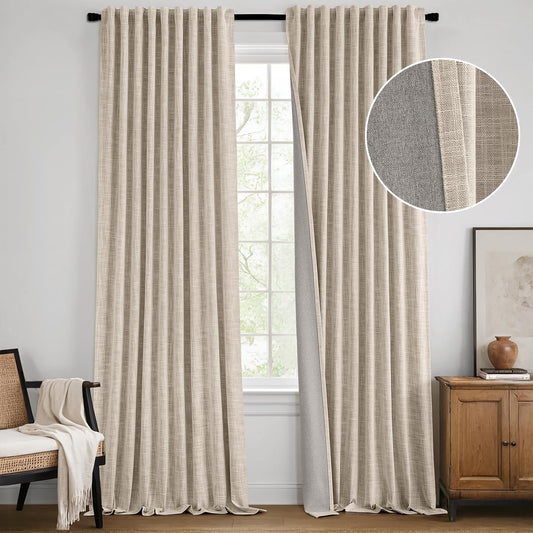 MIULEE Beige 100% Blackout Linen Curtains 96 Inch 2 Panels Set Double Sided No Coating Pinch Pleated Back Tab Floor to Ceiling Black Out Thermal Insulated Bedroom Living Room Darkening Window Drapes