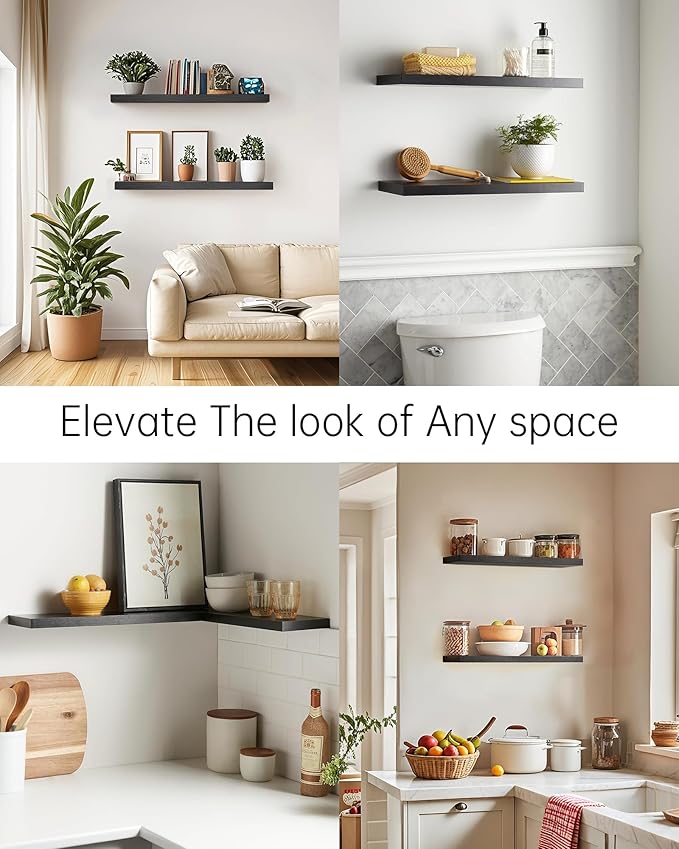 BAYKA Floating Shelves for Wall, 22.5" Wall Mounted Rustic Wood Shelves for Bathroom, Bedroom, Living Room, Kitchen, Office, Hanging Shelf for Books/Storage/Room Decor Capacity (Black, Set of 2)