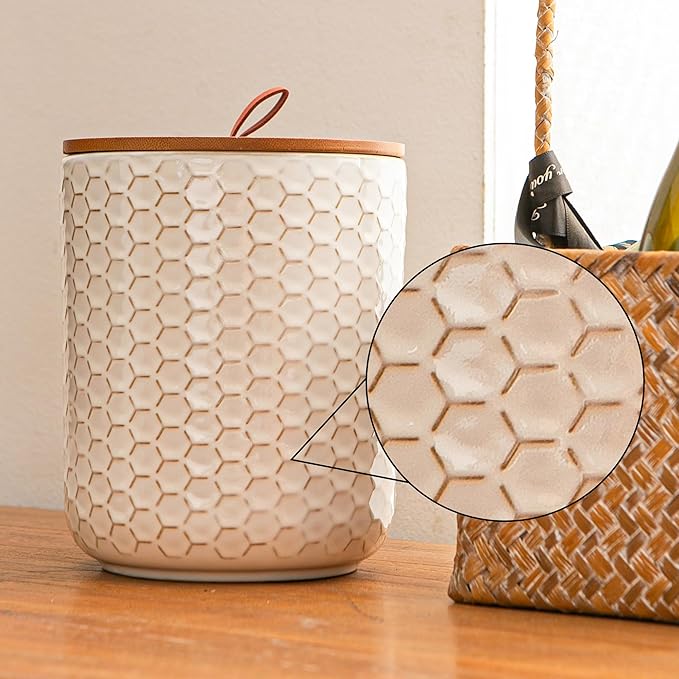 JOJUNO White Ceramic Canister Set with Wooden Lids – 3-Piece Airtight Food Storage Jars for Kitchen, Embossed Design, Small/Medium/Large Sizes (30/48/82 oz) – Flour, Sugar, Coffee, Tea Containers