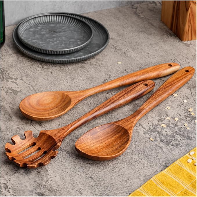 Gudamaye 13 inch Long Wooden Spoons for Cooking, 9 PCS Natural Teak Wooden Kitchen Utensil Set with Utensils Holder Made of Australia Camphor Laurel Wood，Wooden Utensils for Cooking