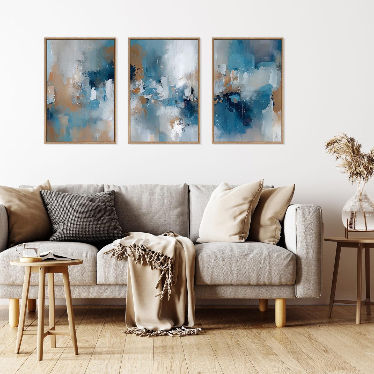 HLNIUC Large Blue Abstract Framed Canvas Wall Art,Blue and Brown Brush Strokes Wall Decor Set of 3(16”x24”)Neutral Modern Wall Painting,Watercolor Minimalist Abstract Art Print for Living Room,Bedroom