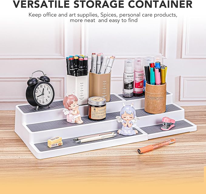 3 Tier Expandable Spice Rack Organizer, White/Grey Plastic Spice Rack, Adjustable Length 14.6In-25.8In, 2 Pack Non-Skid Tiered Spice Shelf Organizer for Kitchen Cabinet, Cupboard, Pantry