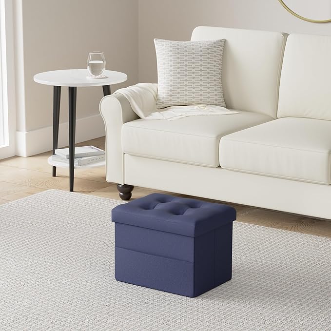 LINMAGCO Storage Ottoman Folding Foot Stool Foot Rest with Side Pocket Modern Ottoman with Storage Short Sofa Stool Linen Cloth 17x13x13(Navy)