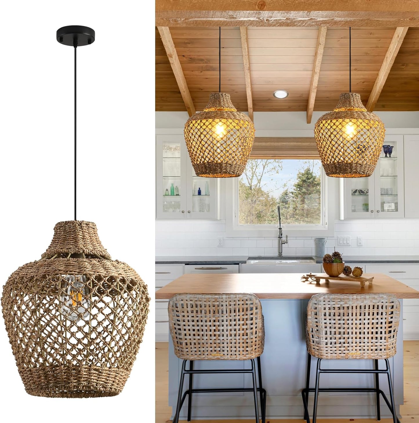 2-Pack Rattan Pendant Light,Bohemian 11.81” Wicker Chandelier,Handwoven Hanging Seagrass Chandeliers Fixture, for Farmhouse Kitchen Island Boho Dining Living