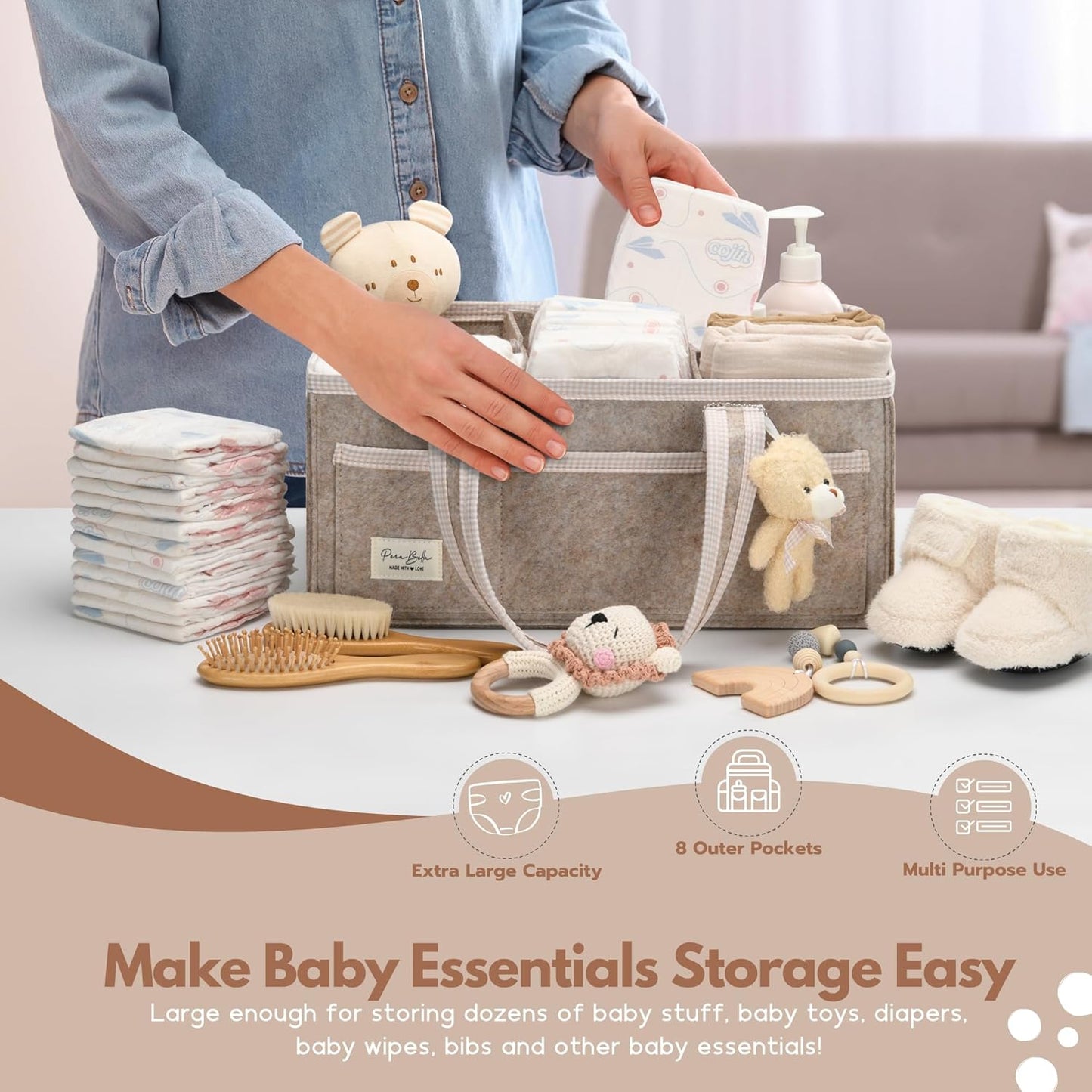 PeraBella Diaper Caddy Organizer with Handle, Baby Shower Gifts Basket Bag, Registry Search Must Haves Items, Nursery Storage Organizer for Newborn Girl Boy, Baby Bag Essentials, Car Diaper Caddy Cart