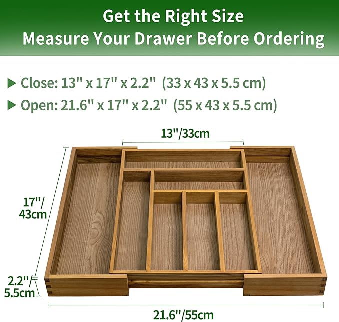 VaeFae Teak Drawer Organizer, Large Silverware Organizer, Expandable Utensil Organizer for Kitchen Drawer, Wooden Cutlery Tray Drawer Dividers Organizer