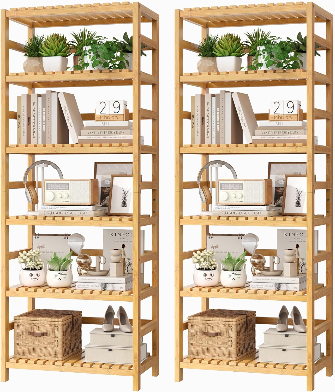 FOTOSOK 6-Tier Bamboo Shelf Set of 2, Bamboo Bookcase with Adjustable Shelves, Free Standing Storage Shelf Unit and Plant Flower Stand, Tall Large Bookshelf for Kitchen, Bathroom, Home Office, Natural
