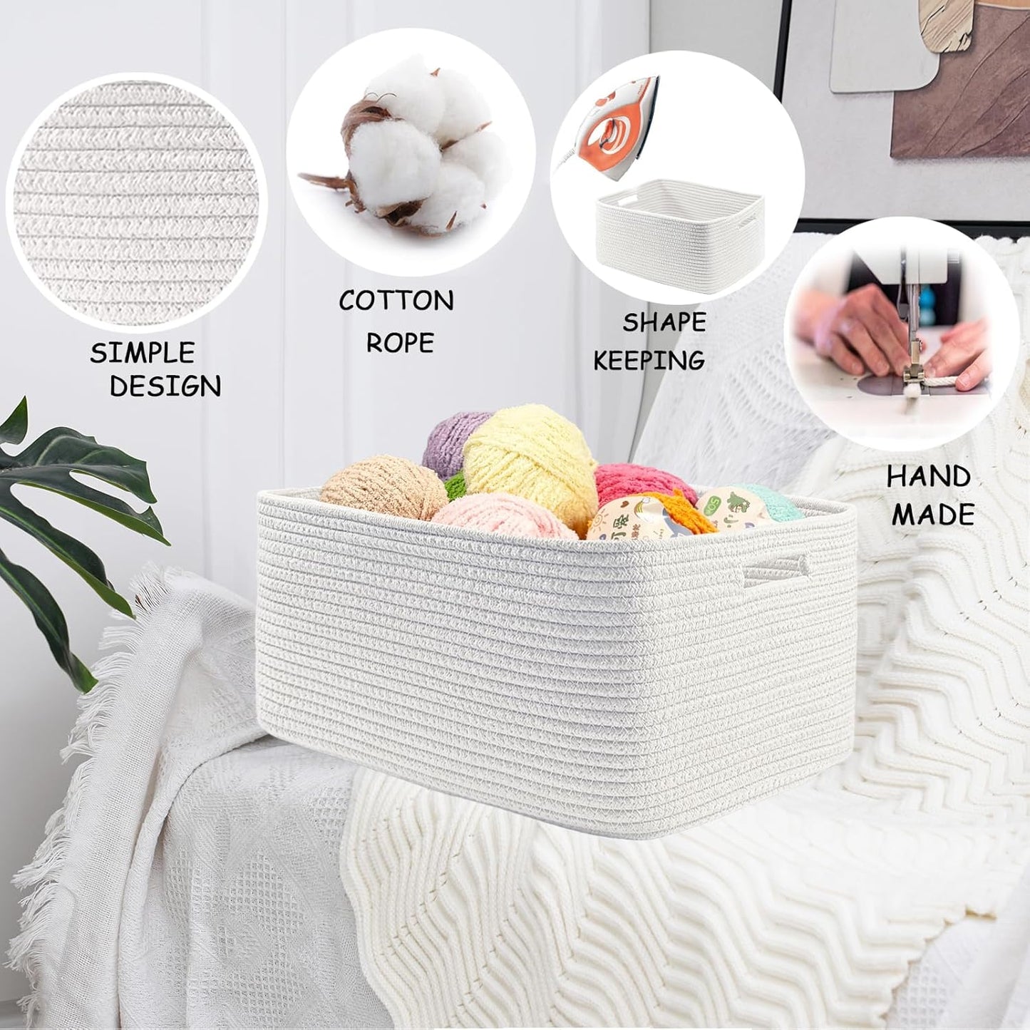 COMFY-HOMI Cotton Rope Woven Basket with Handles for Shelves,Toys,Book, Cloth Storage Baskets for Organizing-17" x 13" x 7.5" Toy Decorative Organizer for Living Room, Bathroom （All White）