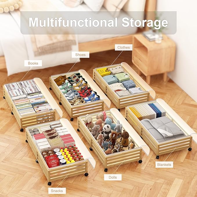 Under Bed Storage Containers With Wheels - 2 Pcs Large Bamboo Wood Rolling Underbed Shoe Storage Bins With Dust Bags for Clothes Blankets, Duvet Covers Snacks Toys (Natural)