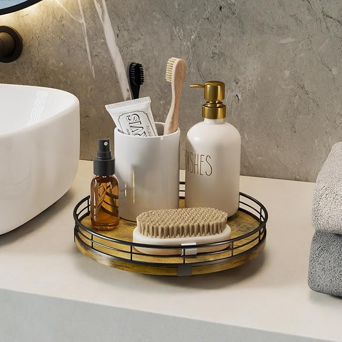 Lazy Susan Turntable Organizer for Table Top, 10’’ Round Wooden Lazy Susan for Cabinet Kitchen Countertop Pantry Dining Coffee Table for Condiments Spices, Rustic Bathroom Vanity Tray for Soap Candle