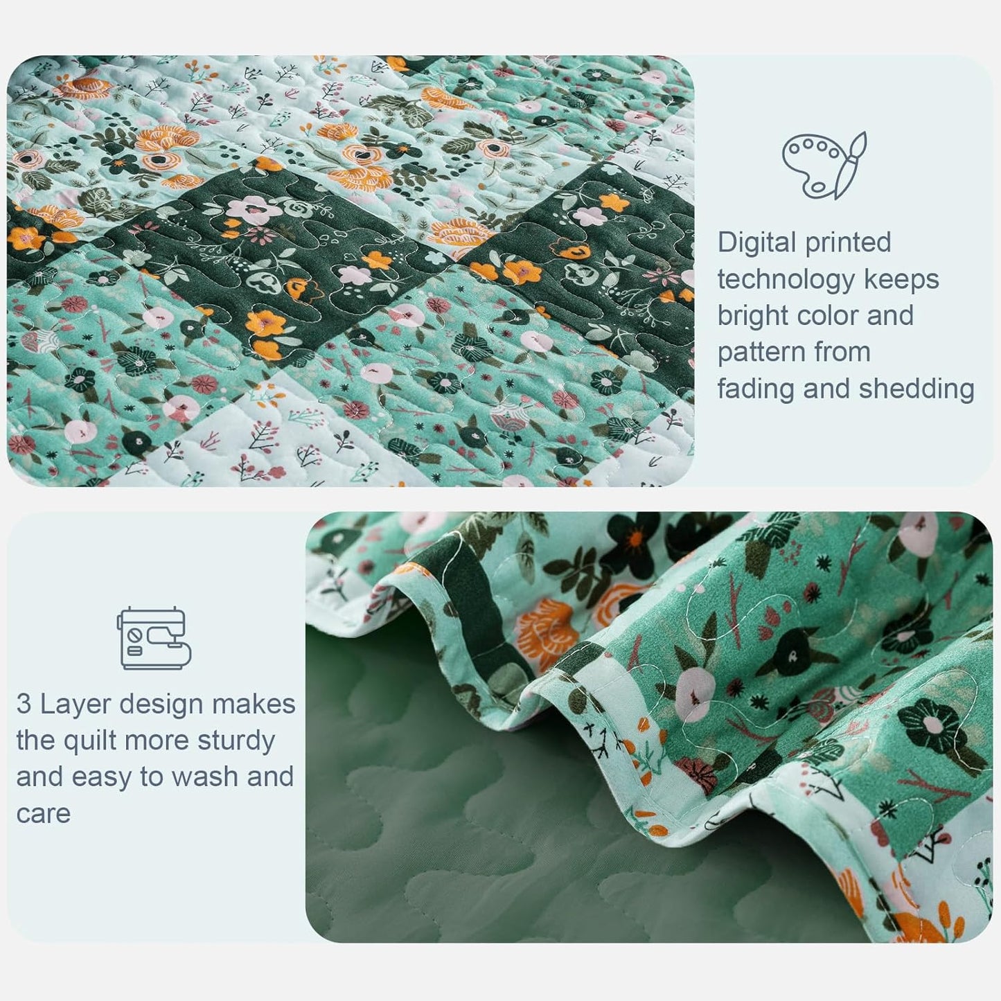 Exclusivo Mezcla Reversible Boho Quilt Set King Size, 3 Pieces Patchwork Green All Season Bedspreads, Ultra Soft Floral Coverlet Bedding Set with Printed Pattern (1 Quilt, 2 Pillow Shams)