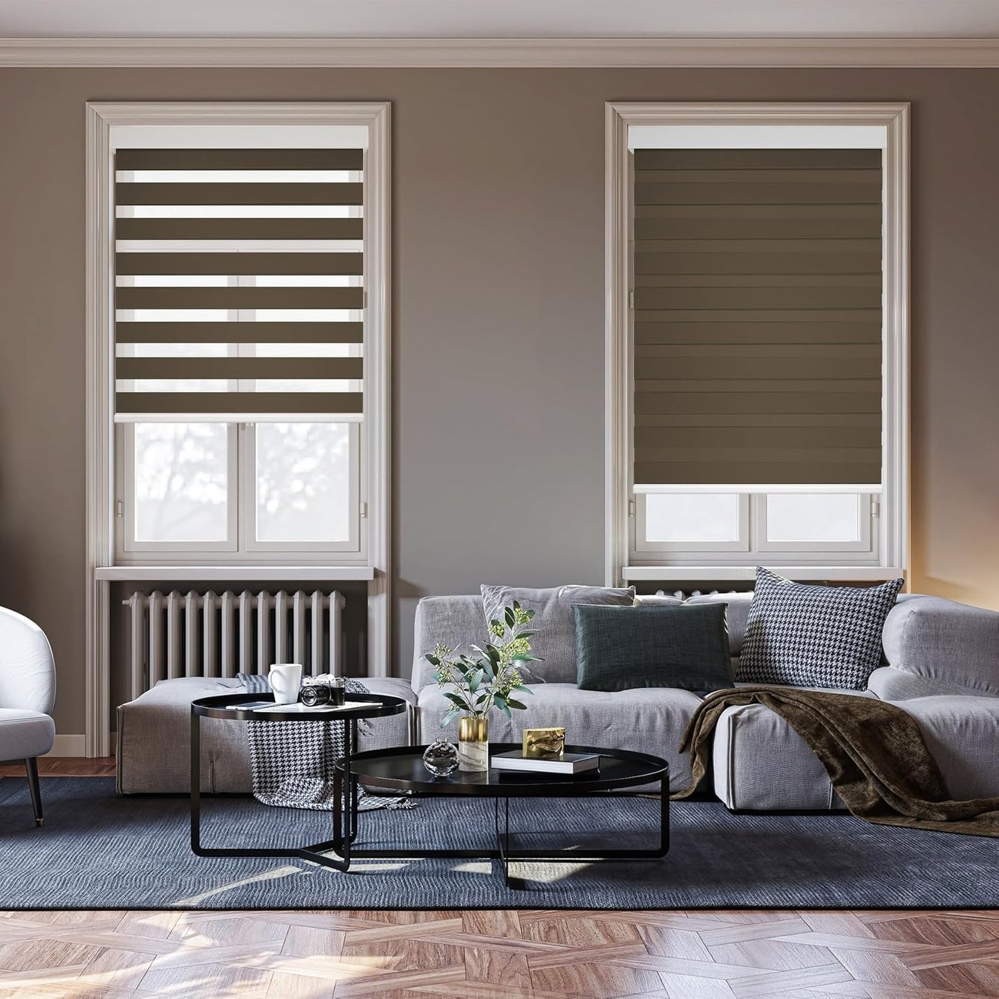 HESTIA Cordless Zebra Blinds Light Filtering Roller Shades UV Blocking Blackout Privacy Indoor Window Shades for Home Office Day and Night, Brown,43" W x 54" H