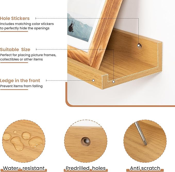 Fun Memories Picture Ledge Shelves Set of 2, 32 Inch Rustic Wall Mounted Floating Shelves with Lip for Home Storage and Décor in Bathroom, Kitchen, Nursery, Bedroom, Living Room, Oak