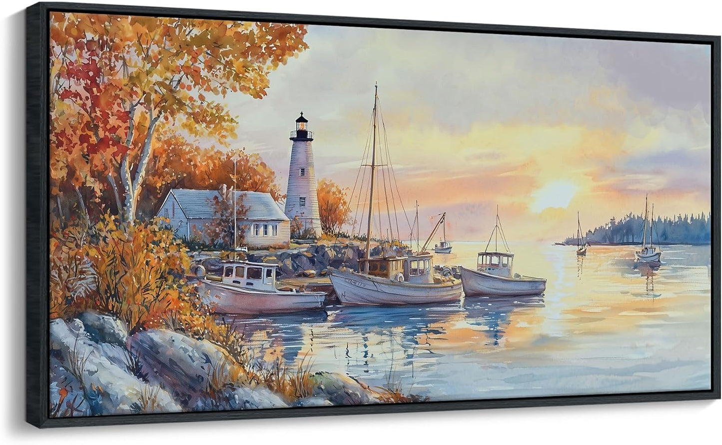 QZQCBLC Harbor Landscape Wall Art, Sunset Over the Sea Homeward-bound Boat Pictures Artwork Large Modern Lighthouse Ocean View Painting Framed for Living room Bedroom kitchen Home Office Decor 24x48 IN