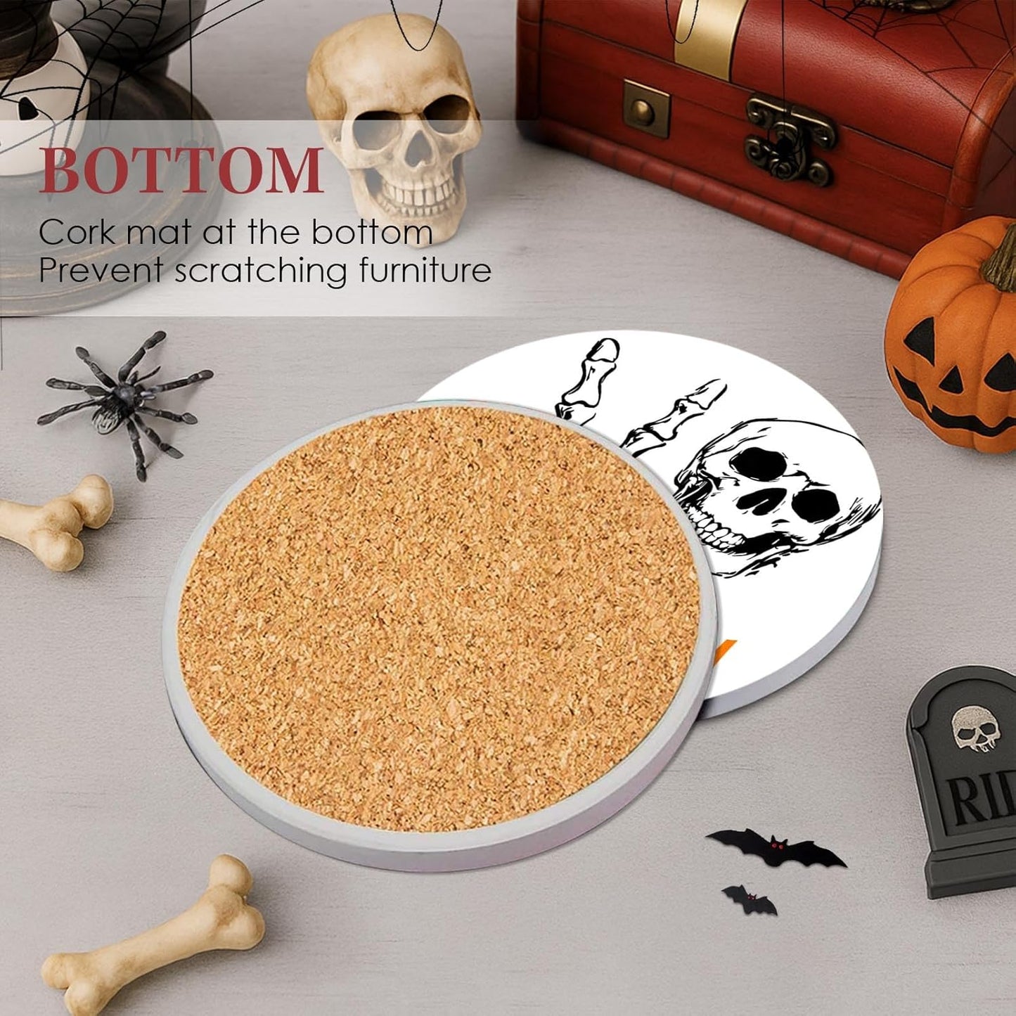 Coaster for Drinks Set of 6, Happy Fall Absorbent Round Ceramic Stone Mat, with Cork Base and Metal Holder