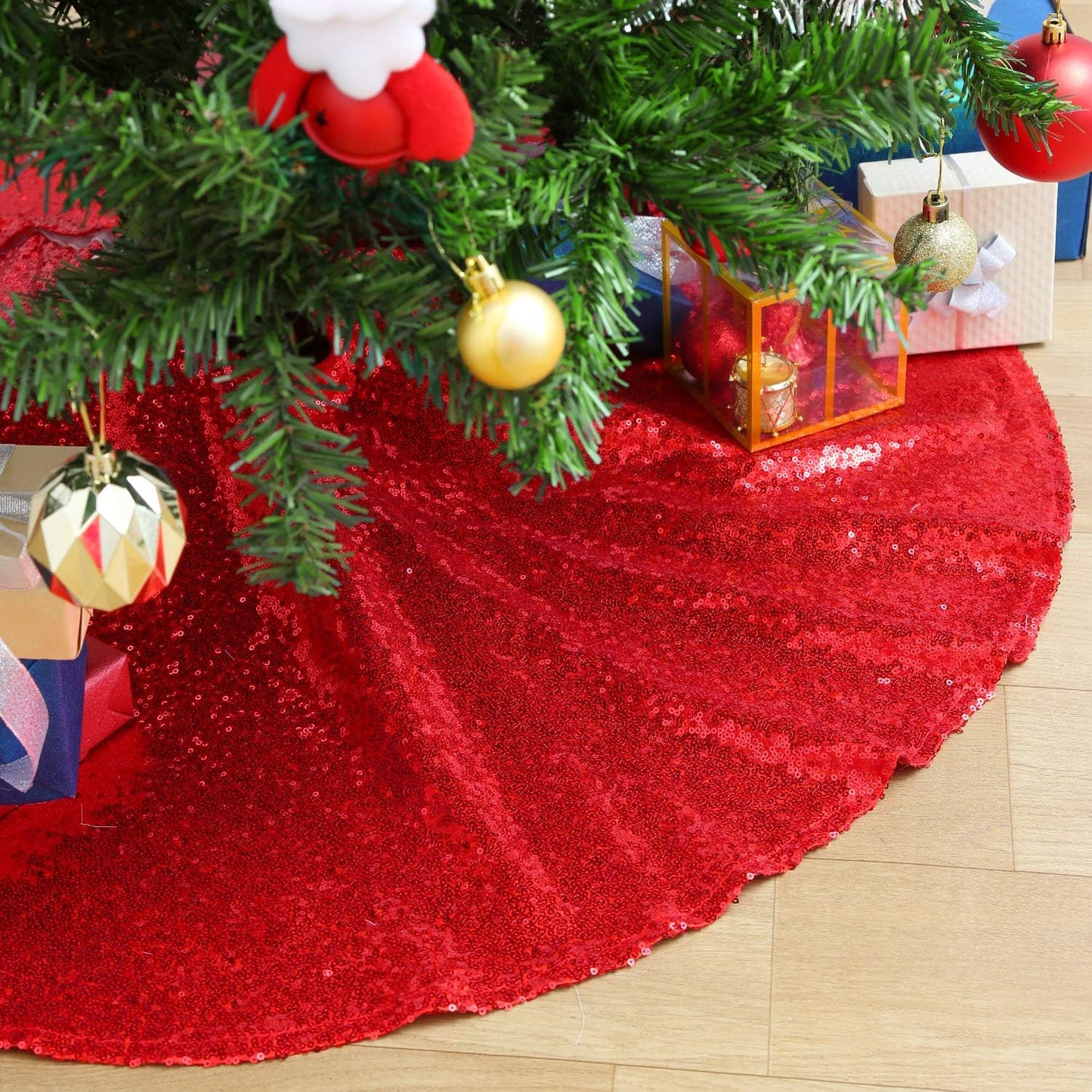 Christmas Tree Skirt 48 Inches Red Tree Skirt Glitter Sequin Tree Skirt for Winter Party Red Christmas Decorations