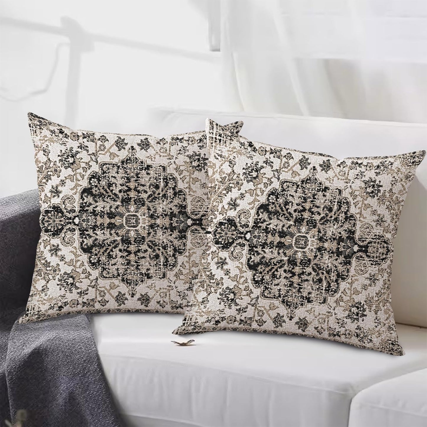 Outdoor Waterproof Pillow Covers - 18x18 Inch Set of 2 Bohemian Vintage Carpet Pattern Pillow Covers in Black & Grey Ethnic Design for Decorative Farmhouse, Couch, Garden, Balcony