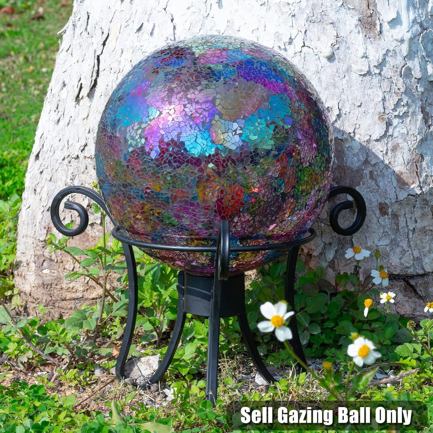 VCUTEKA Gazing Ball, Iridescent Crackled Glass Mosaic Gazing Balls Sphere for Garden Lawn Outdoor Ornament Yard Decorative, 10-Inch, Purple