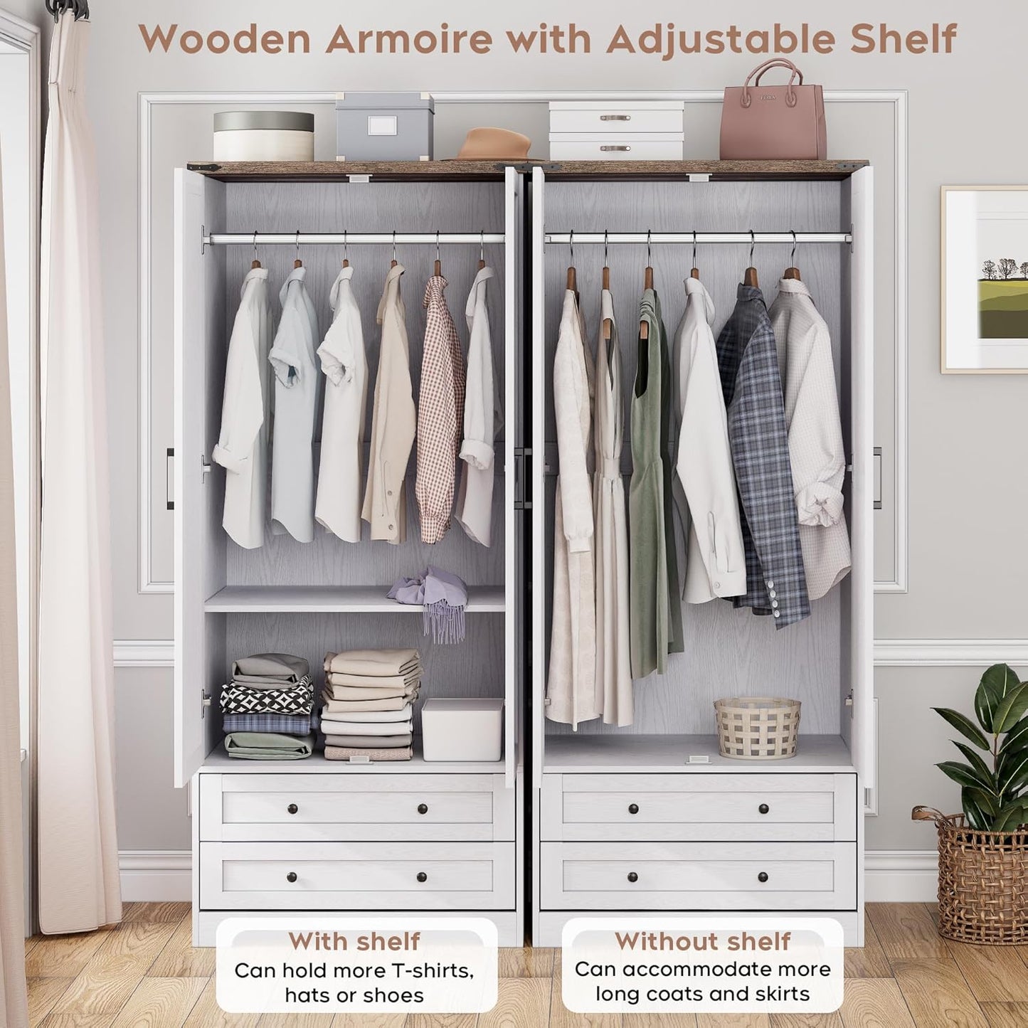 Brafab Armoire Wardrobe Closet with 2 Modern Doors, 71" Tall Freestanding Closet Wardrobe Cabinet with Drawers and Hanging Rail, Light Wooden Storage Cabinet with Shelve for Bedroom (White, 2 Doors)