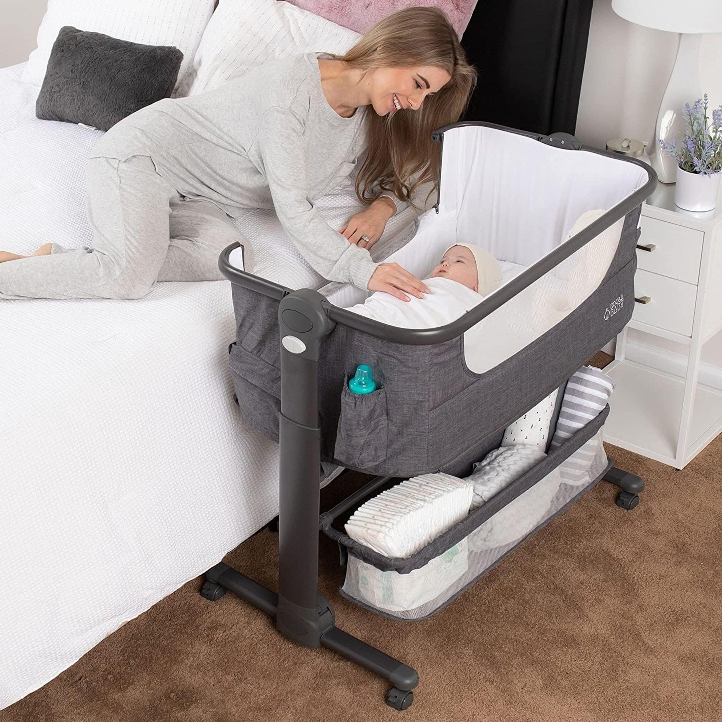KoolerThings Baby Bassinet, Bedside Sleeper for Baby, Easy Folding Portable Crib with Storage Basket for Newborn, Bedside Bassinet, Comfy Mattress/Travel Bag Included (Bassinet) (Grey)