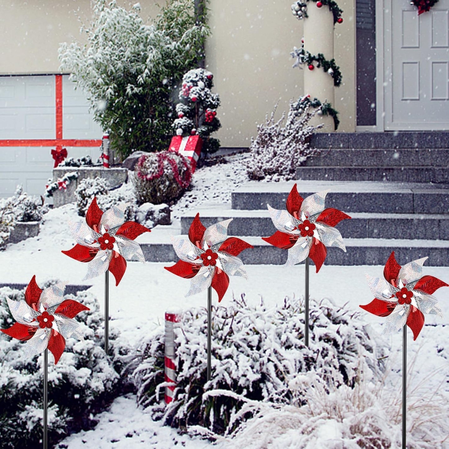 Hausse 10 Pack Reflective Pinwheels, Extra Sparkly Wind Sculptures for Garden Christmas Holiday Winter Decor, Bird Devices Deterrent to Scare Birds Away from Yard Patio Farm, Red & Silver