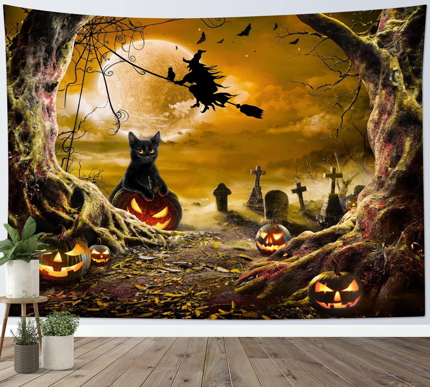 LB Halloween Wall Tapestry Horror Witch Cat and Dead Tree Pumpkin Lights with Spooky Graveyard Tapestry Orange Full Moon over Misty Forest Wall Decor for Bedroom Living Room Dorm 60x40 Inches