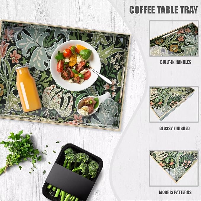 Spsyrine Serving Tray with Handles, Plastic Decorative Tray for Coffee Table, Living Room, Home Decor, Golden Lily