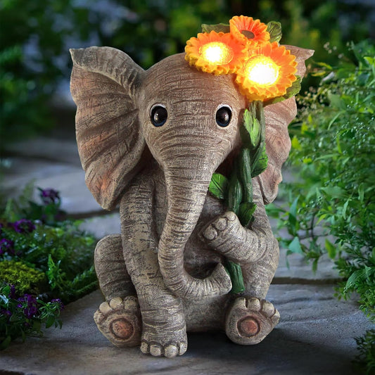 Outdoor Sculpture Figurine Statue Elephant Decor,Solar Garden Statues for Patio Home Yard Decor,Good Luck Sunflower Elephant for Women, Mom Gifts Housewarming Gift