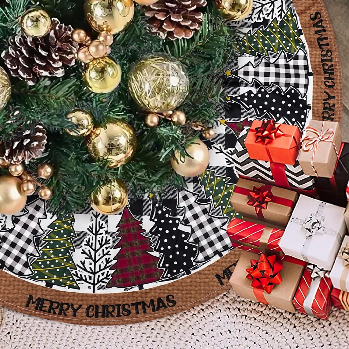 Christmas Tree Skirt 48 Inch, Black and White Buffalo Plaid Xmas Tree Skirts, Winter Christmas Trees Mat for Home Party Holiday Indoor Outdoor Decorations